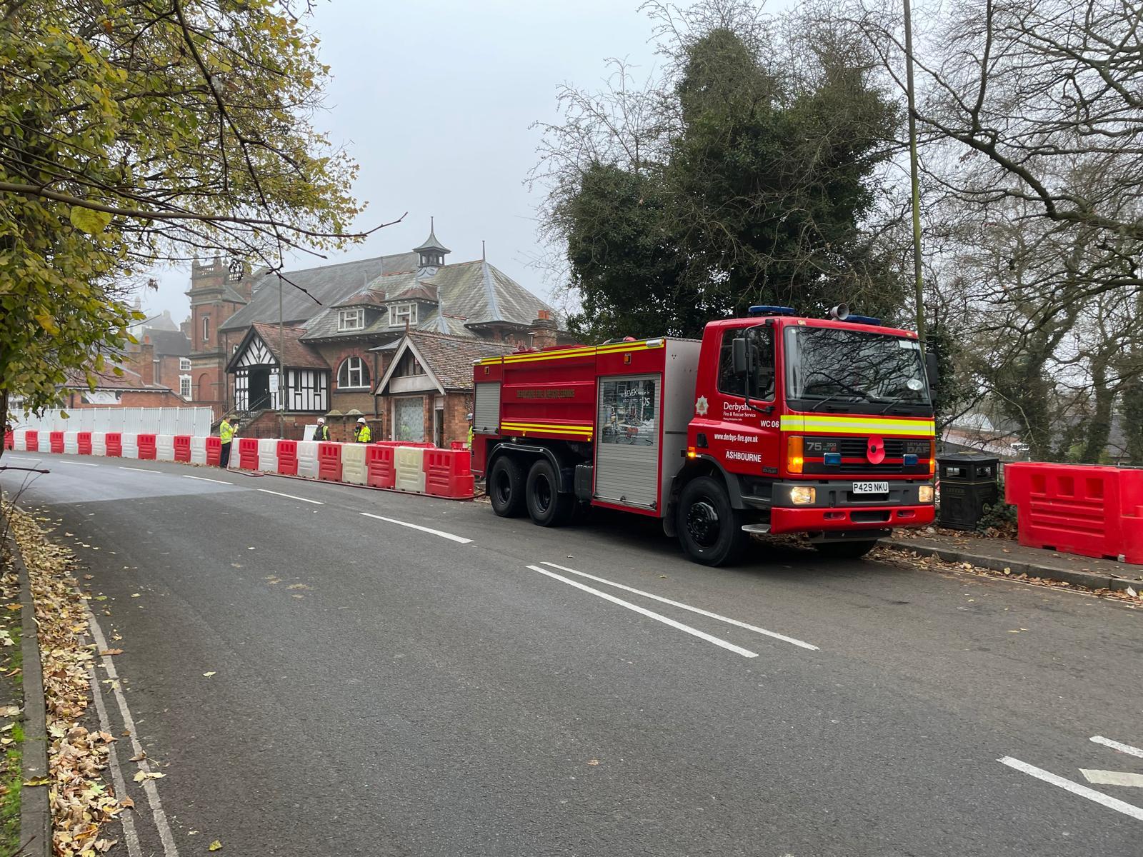 A Derbyshire Fire &amp; Rescue Service tender parked outside Ashbourne Methodist Church, as they fill barriers with water as part of a training exercise.