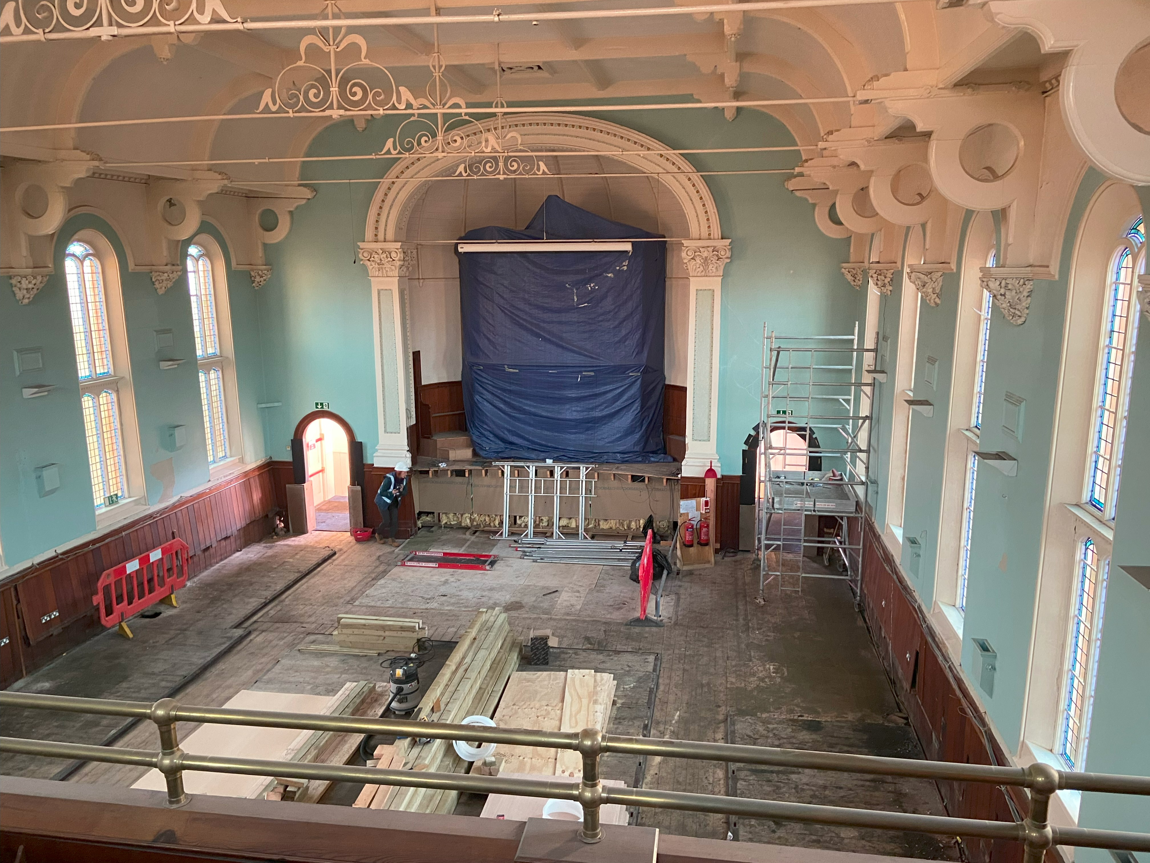 Photo of the inside of the worship area at Ashbourne Methodist Church after removal of the old heating pipes, radiators, staging &amp; curved screen