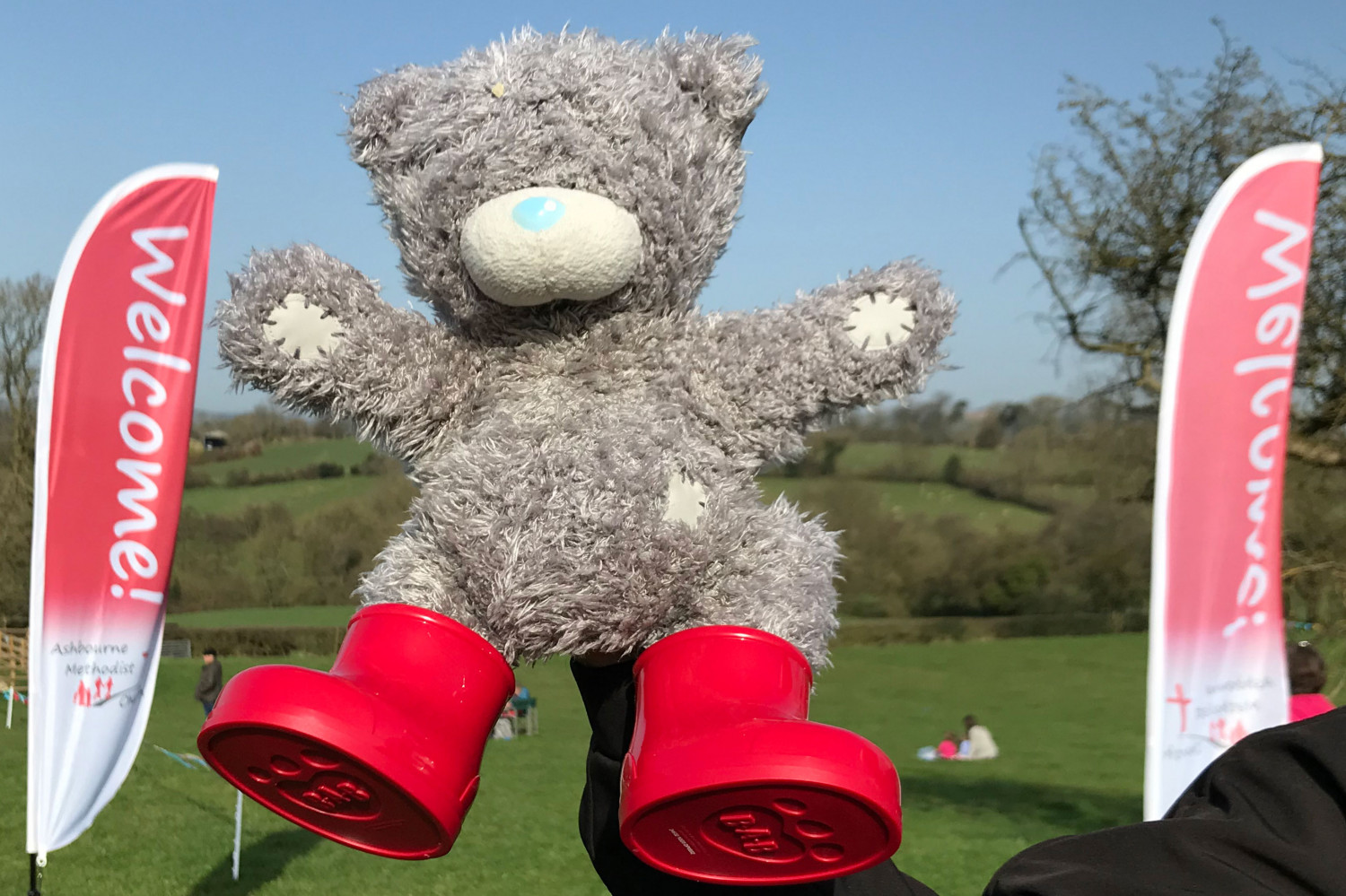 A photo of Share Bear (a soft toy) wearing red wellies
