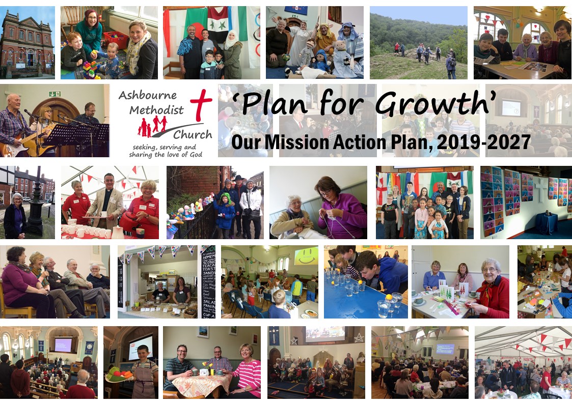 Collage of images of church activities, with text saying Plan for Growth, Our Mission Action Plan 2019-2024